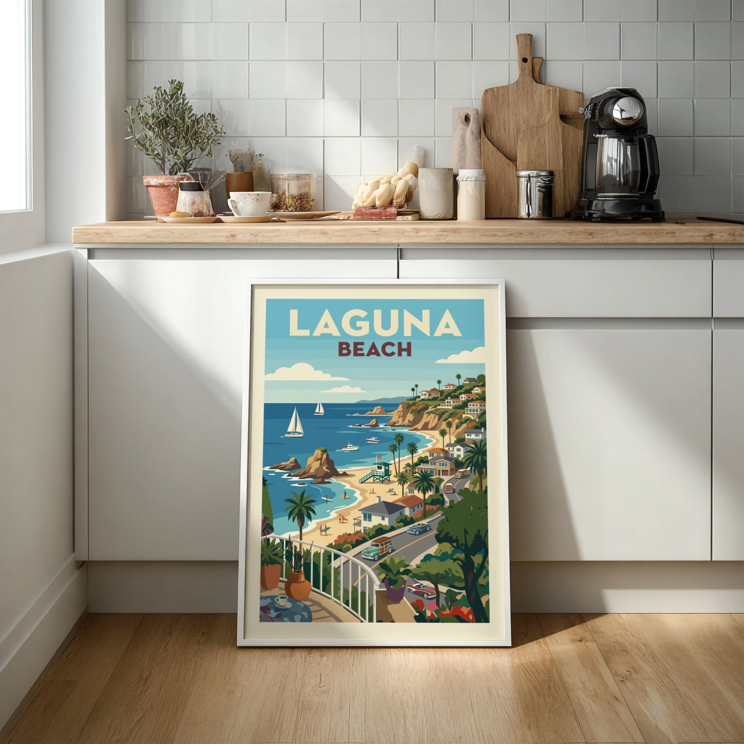 Retro illustration poster of Laguna Beach, featuring a coastal town, beach, and ocean with sailboats.