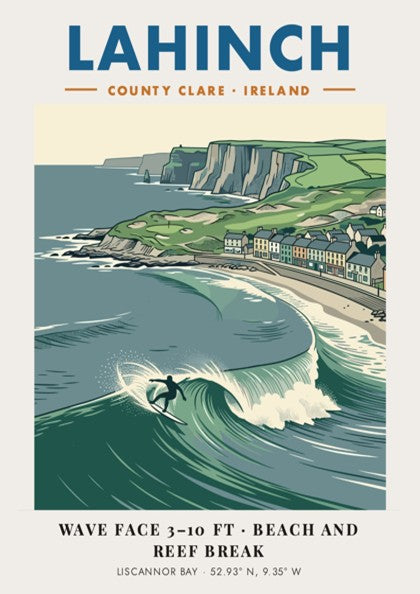 Poster of Lahinch with a surfer on a wave near cliffs and houses.