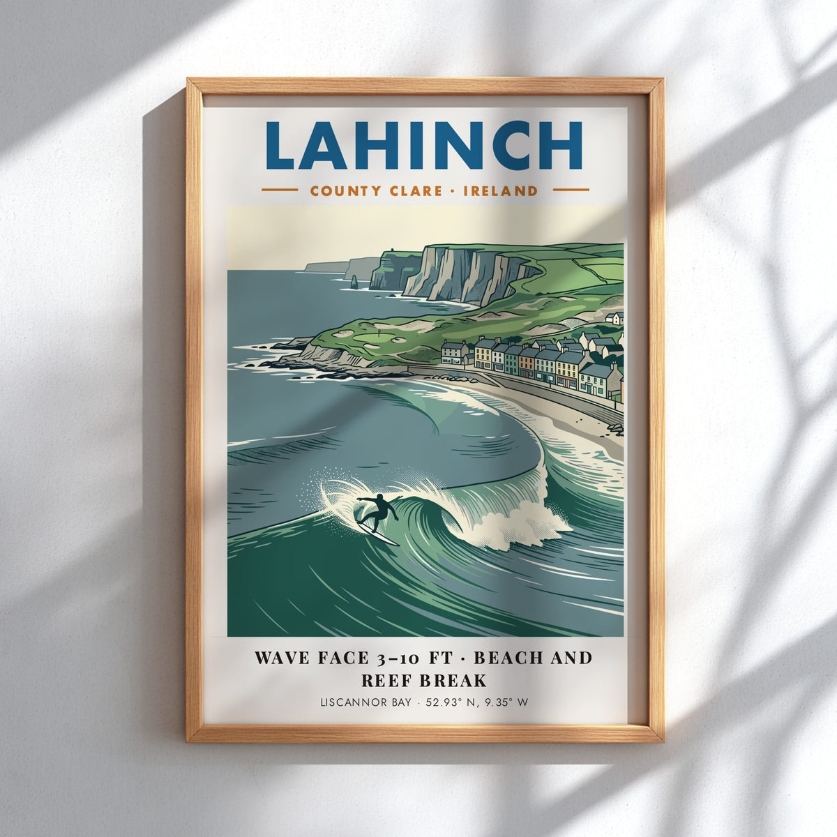 Poster of Lahinch with a surfer on a wave near cliffs and houses.