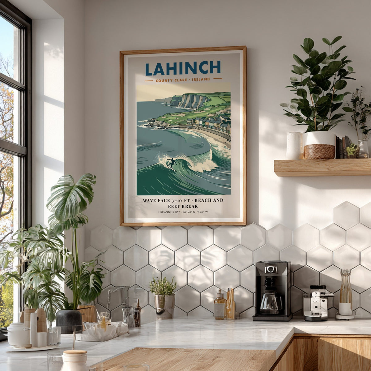 Poster of Lahinch with a surfer on a wave near cliffs and houses.
