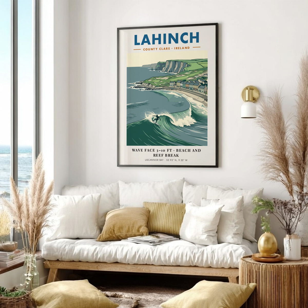 Poster of Lahinch with a surfer on a wave near cliffs and houses.