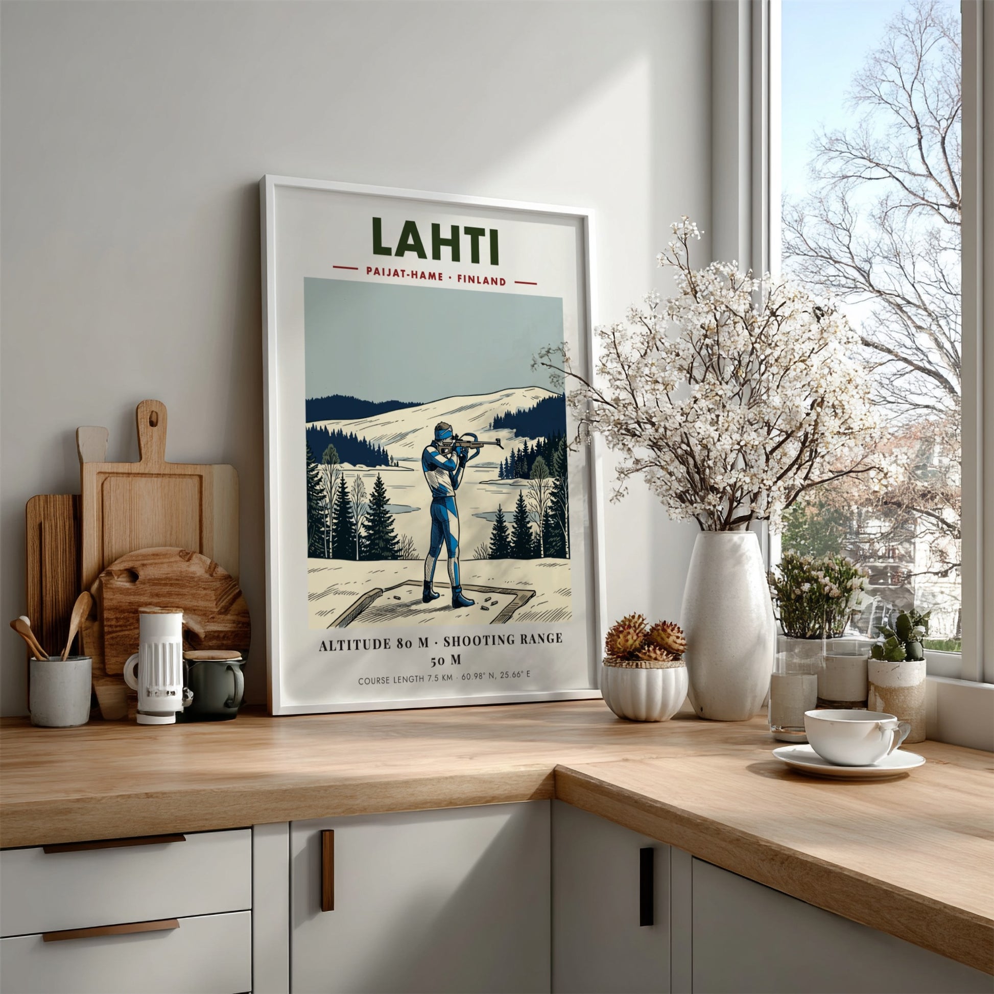 Poster of a biathlete in Finland with blue gear on a snowy range.