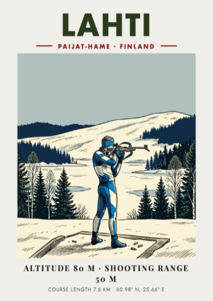 Poster of a biathlete in Finland with blue gear on a snowy range.