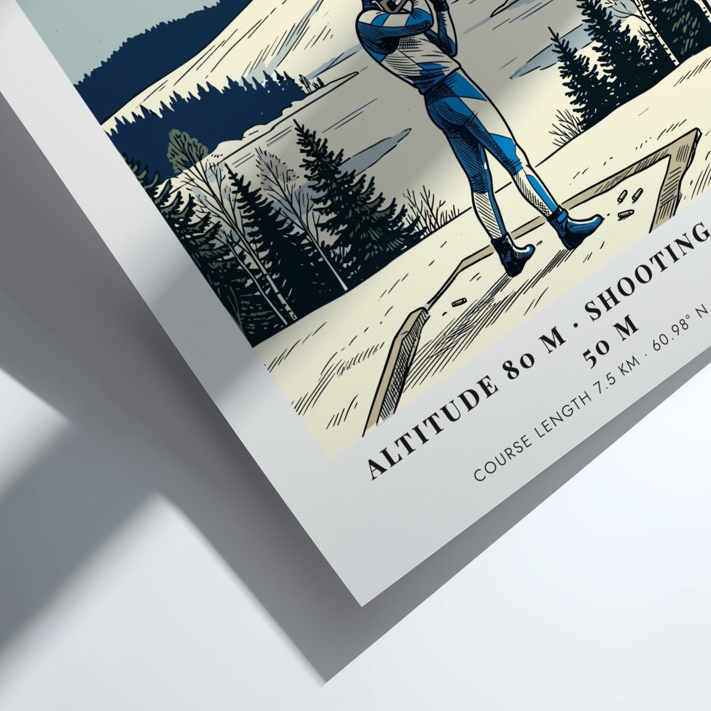 Poster of a biathlete in Finland with blue gear on a snowy range.