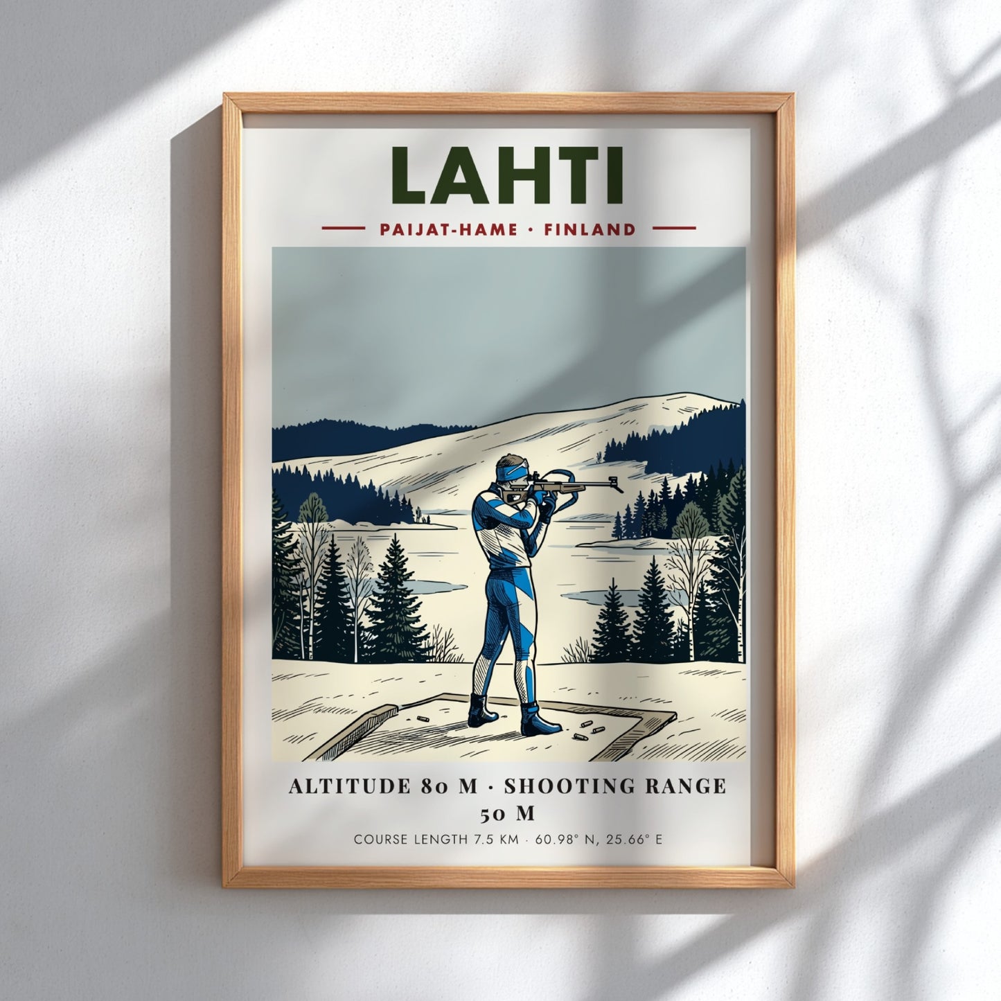 Poster of a biathlete in Finland with blue gear on a snowy range.