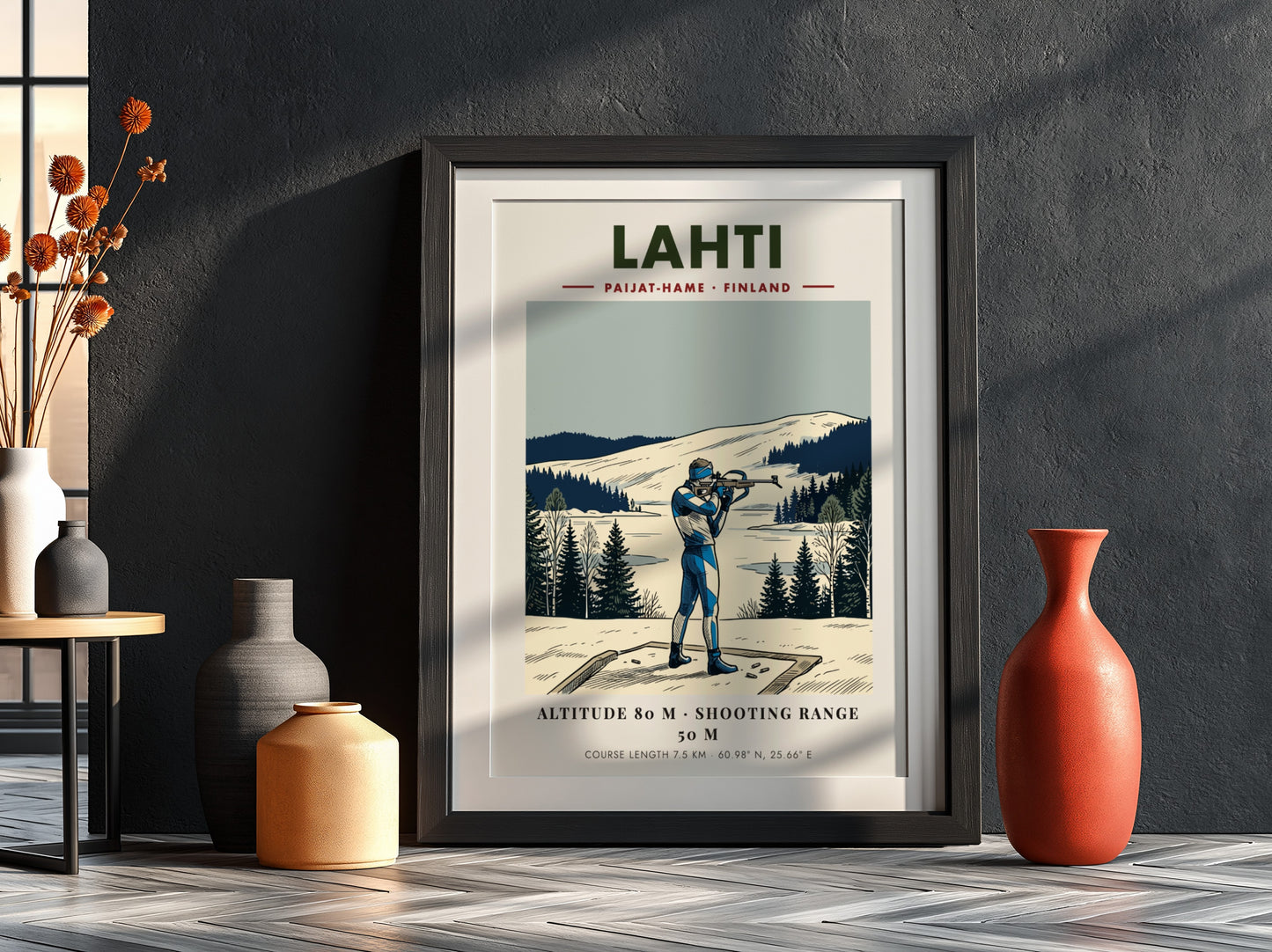 Poster of a biathlete in Finland with blue gear on a snowy range.