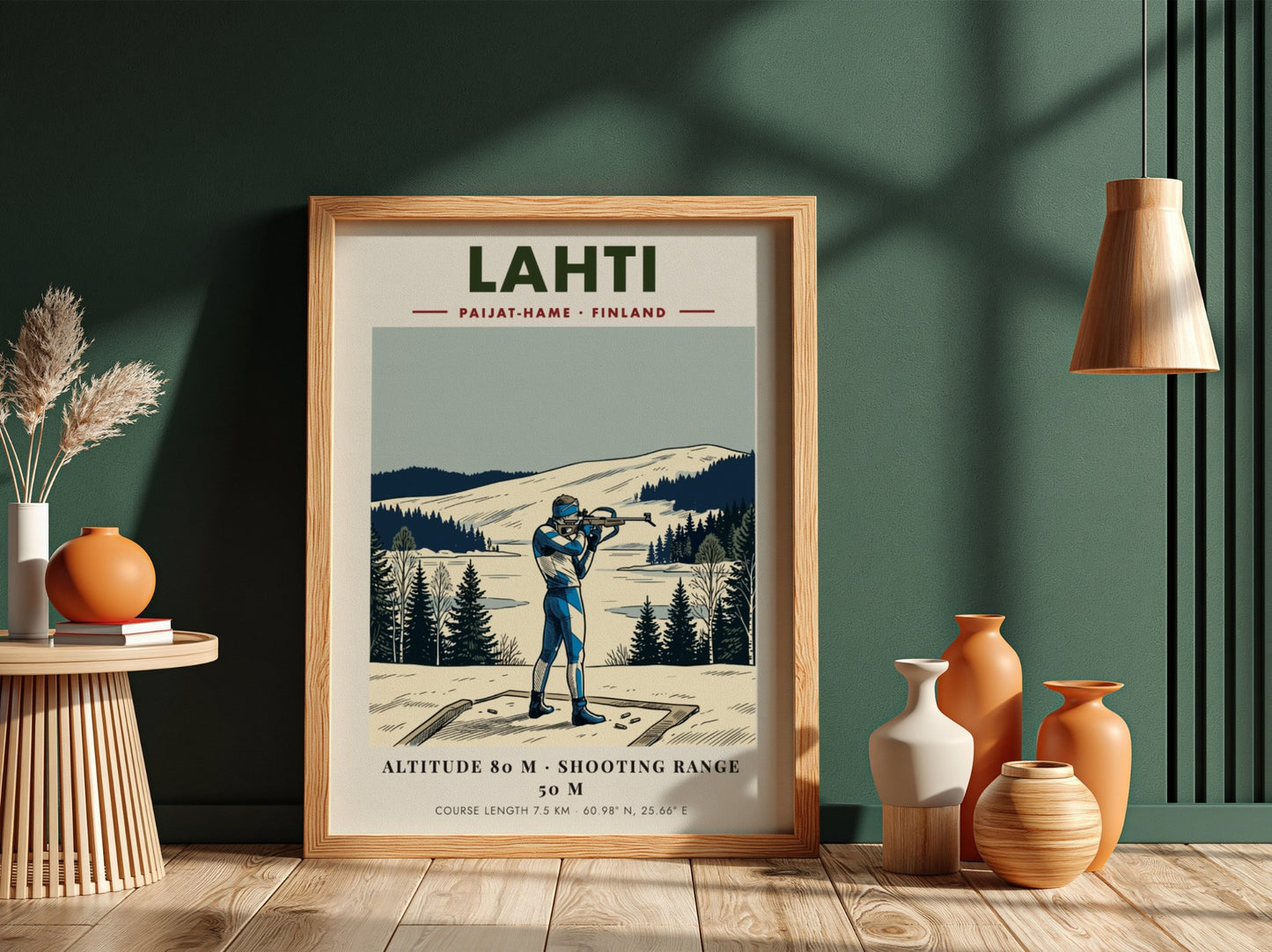 Poster of a biathlete in Finland with blue gear on a snowy range.