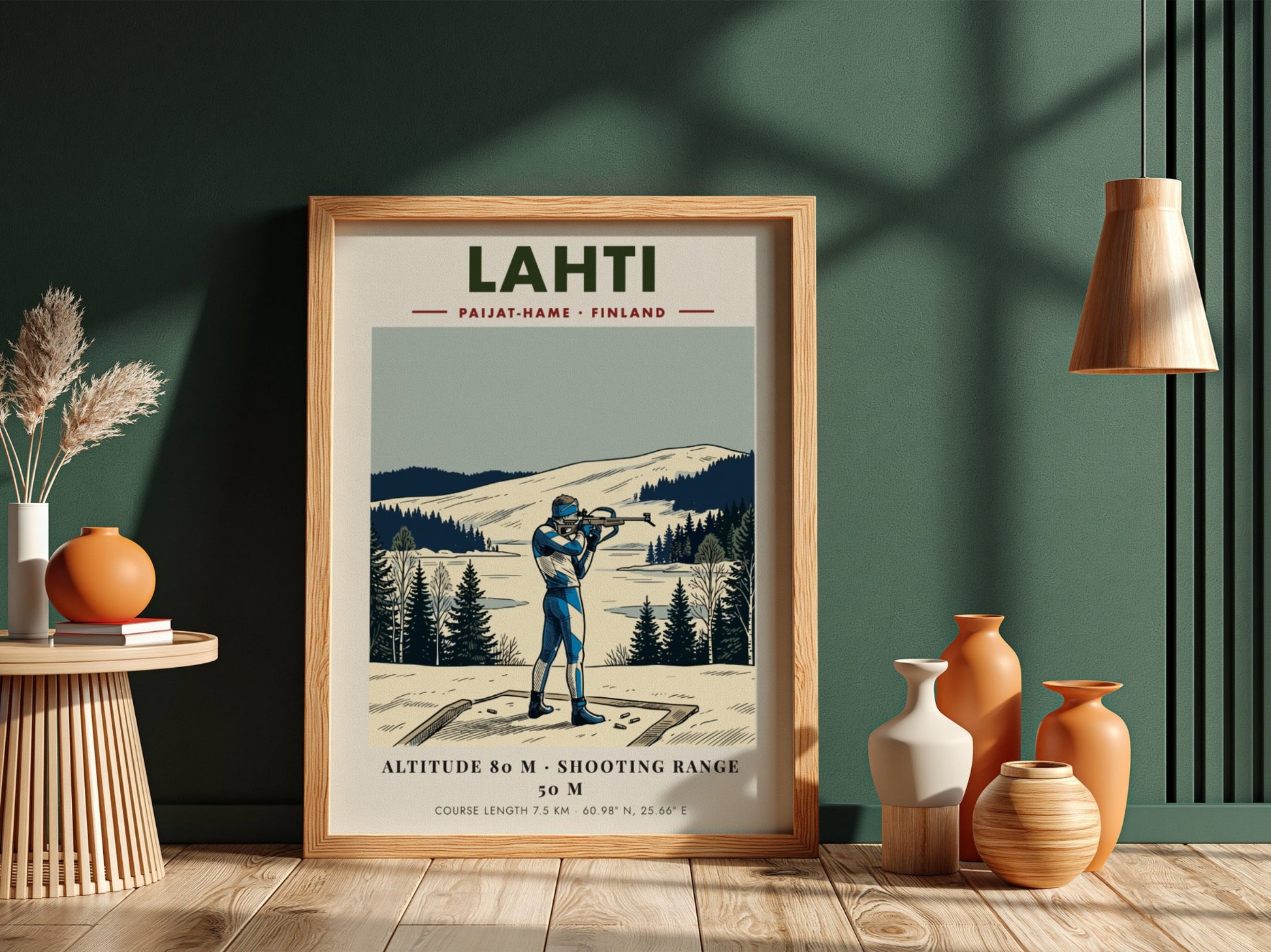 Poster of a biathlete in Finland with blue gear on a snowy range.
