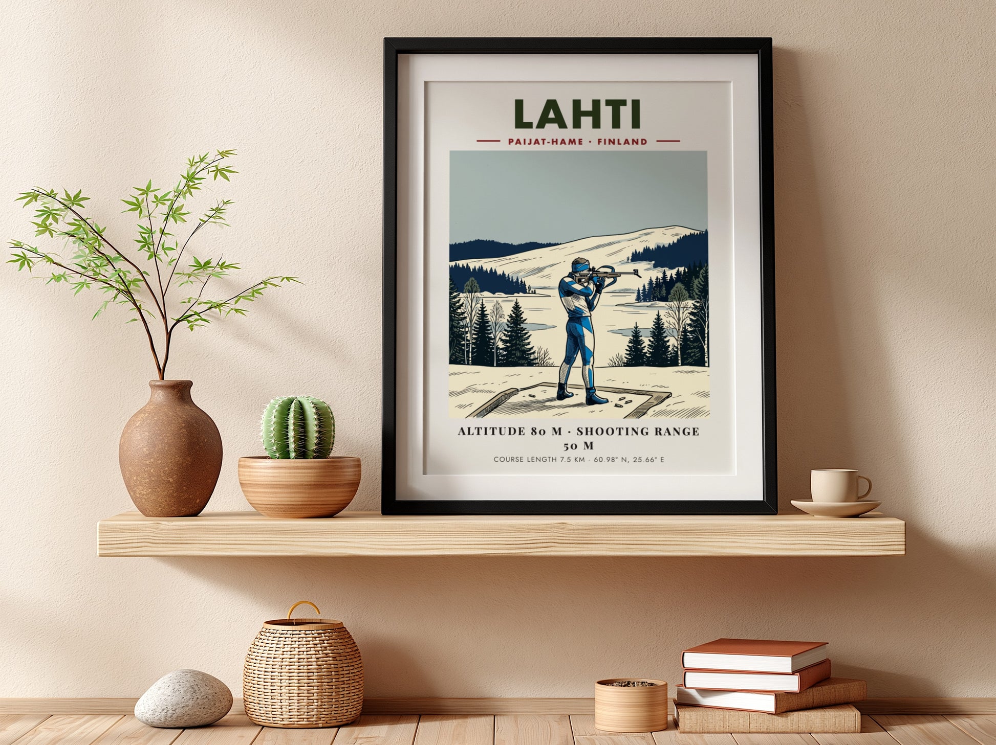 Poster of a biathlete in Finland with blue gear on a snowy range.