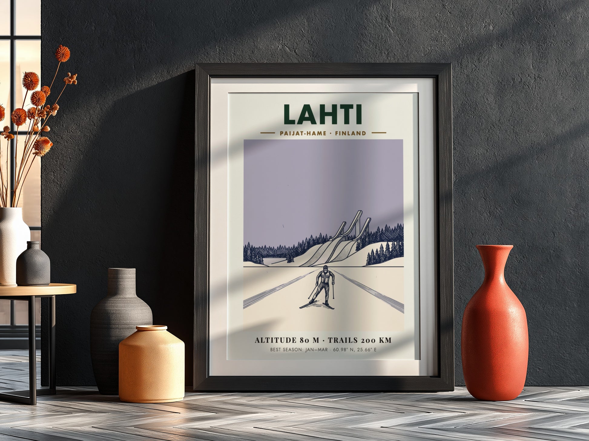Poster featuring a cross-country skier in Lahti Finland with ski jumps and snow.