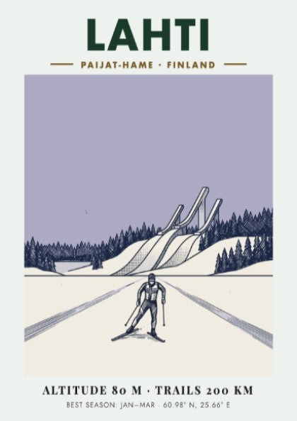 Poster featuring a cross-country skier in Lahti Finland with ski jumps and snow.