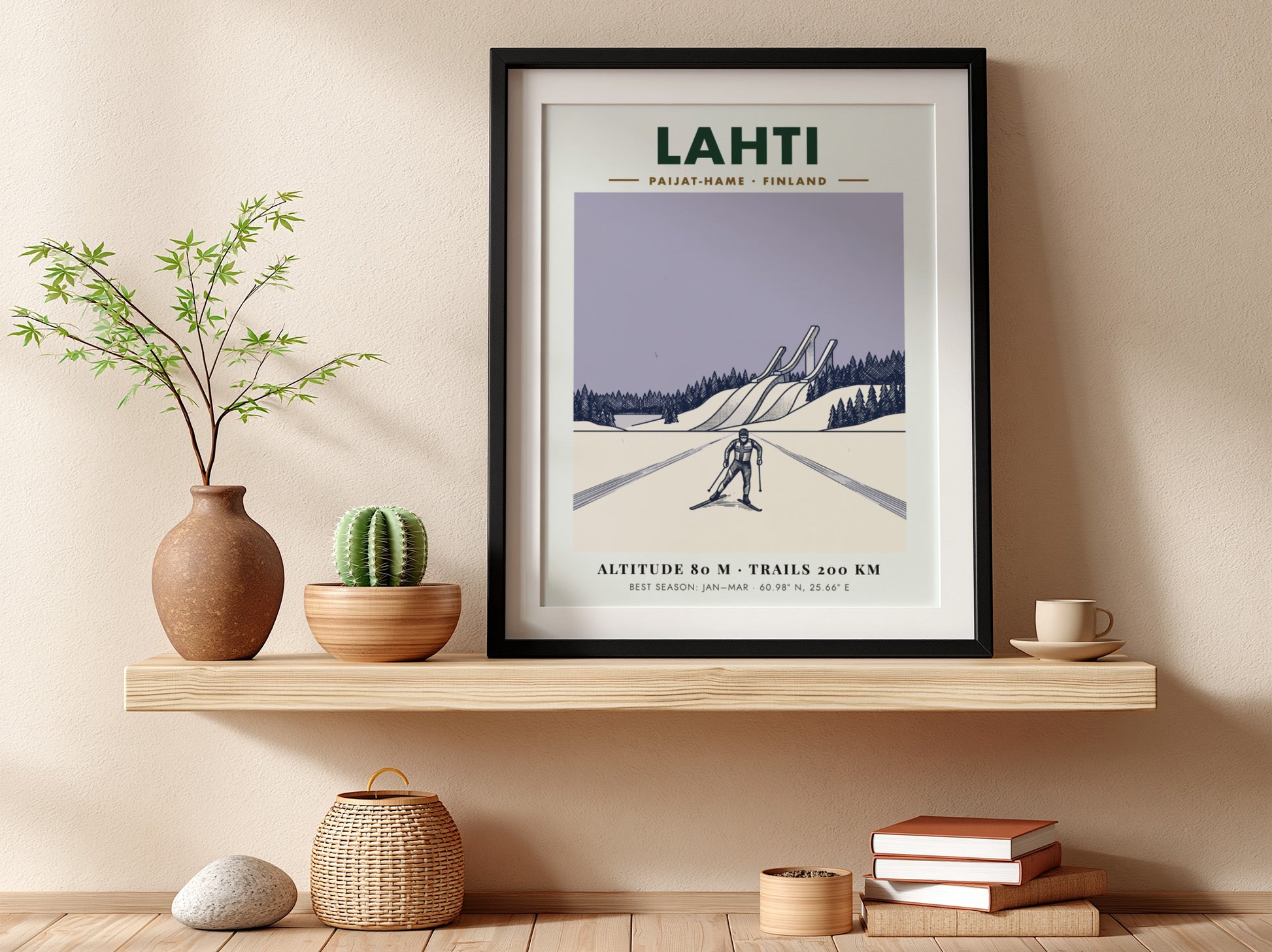 Poster featuring a cross-country skier in Lahti Finland with ski jumps and snow.