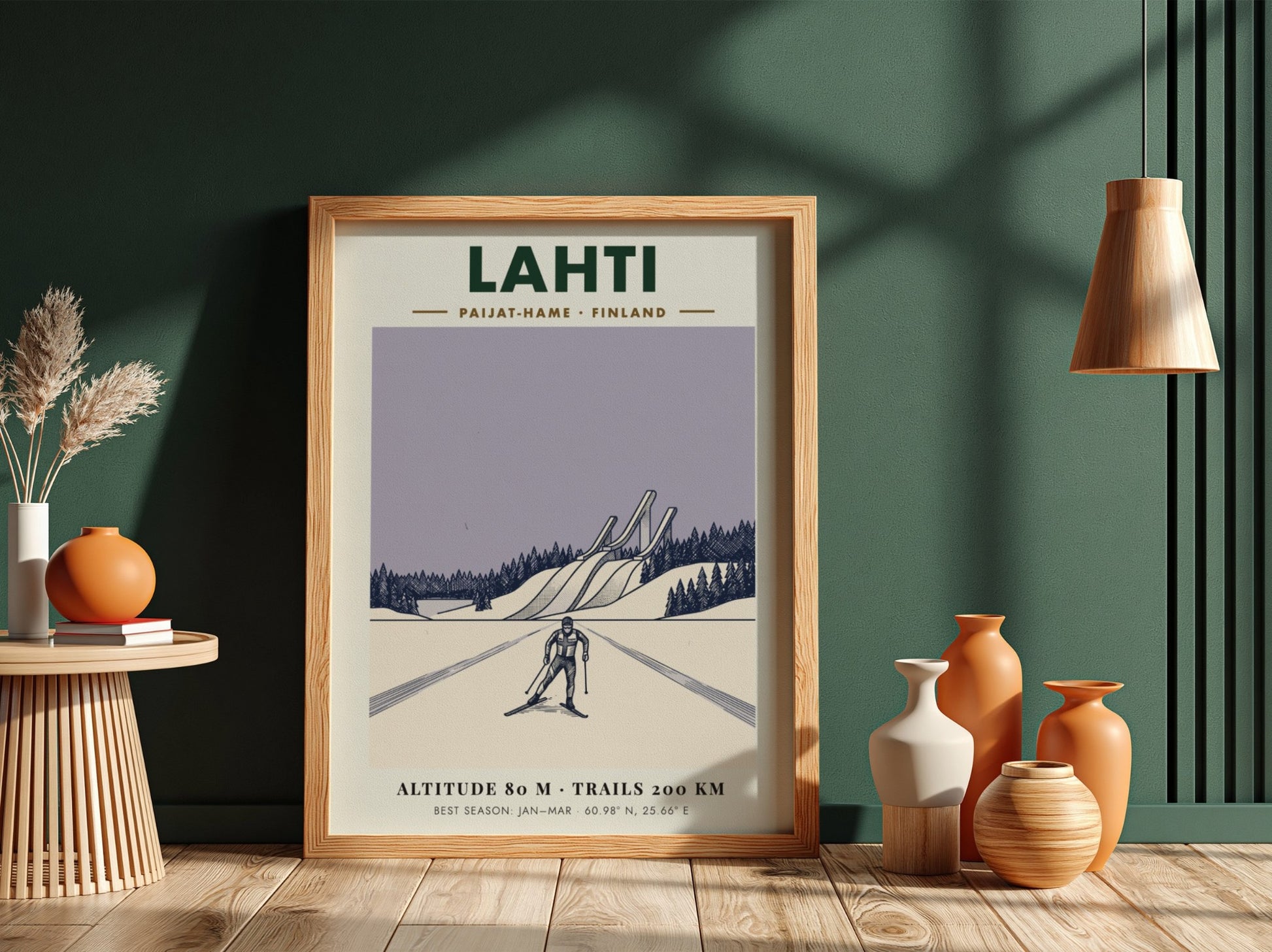 Poster featuring a cross-country skier in Lahti Finland with ski jumps and snow.