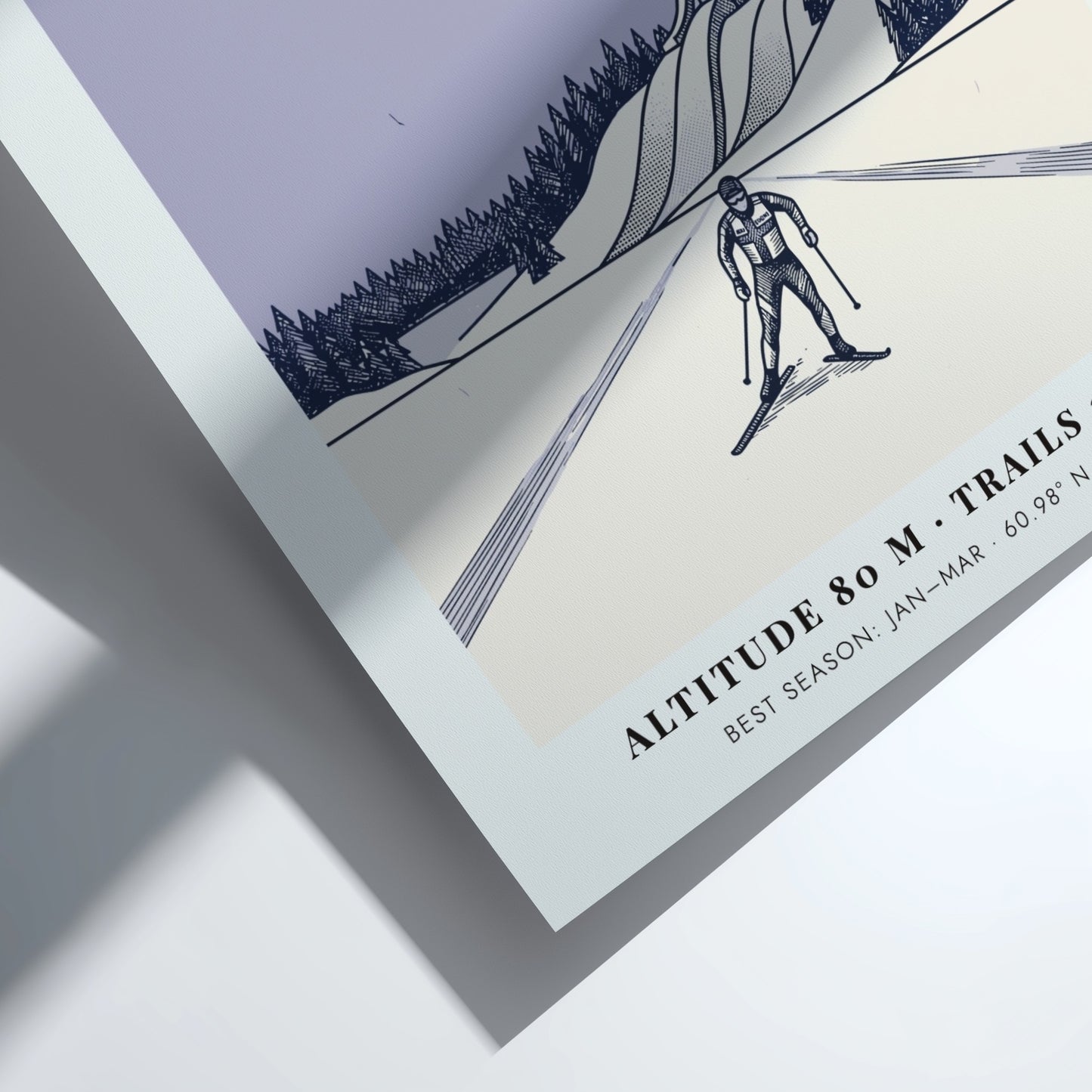 Poster featuring a cross-country skier in Lahti Finland with ski jumps and snow.