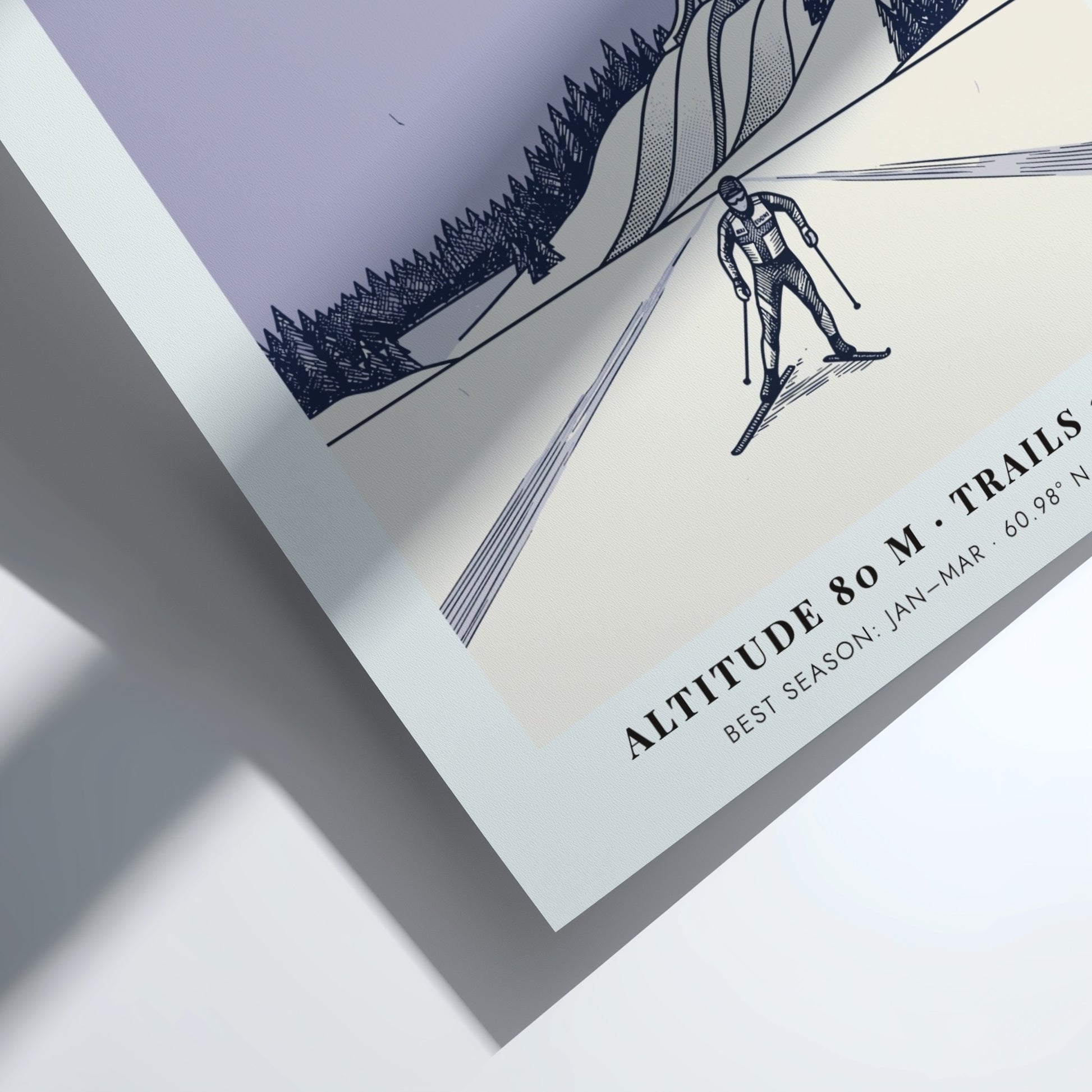Poster featuring a cross-country skier in Lahti Finland with ski jumps and snow.