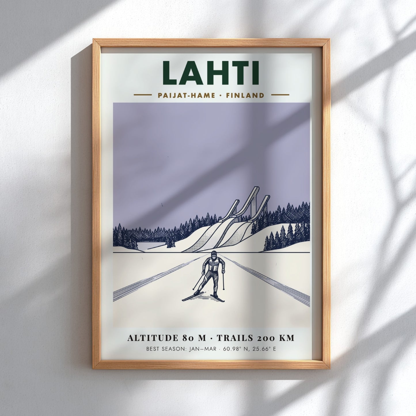 Poster featuring a cross-country skier in Lahti Finland with ski jumps and snow.