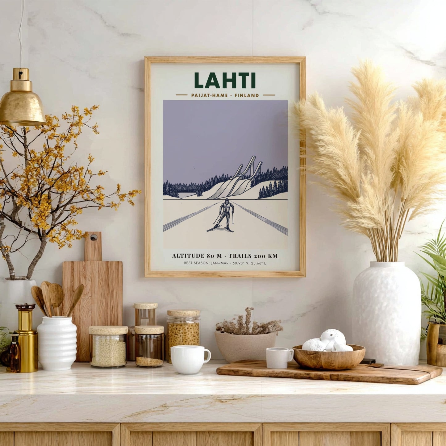 Poster featuring a cross-country skier in Lahti Finland with ski jumps and snow.