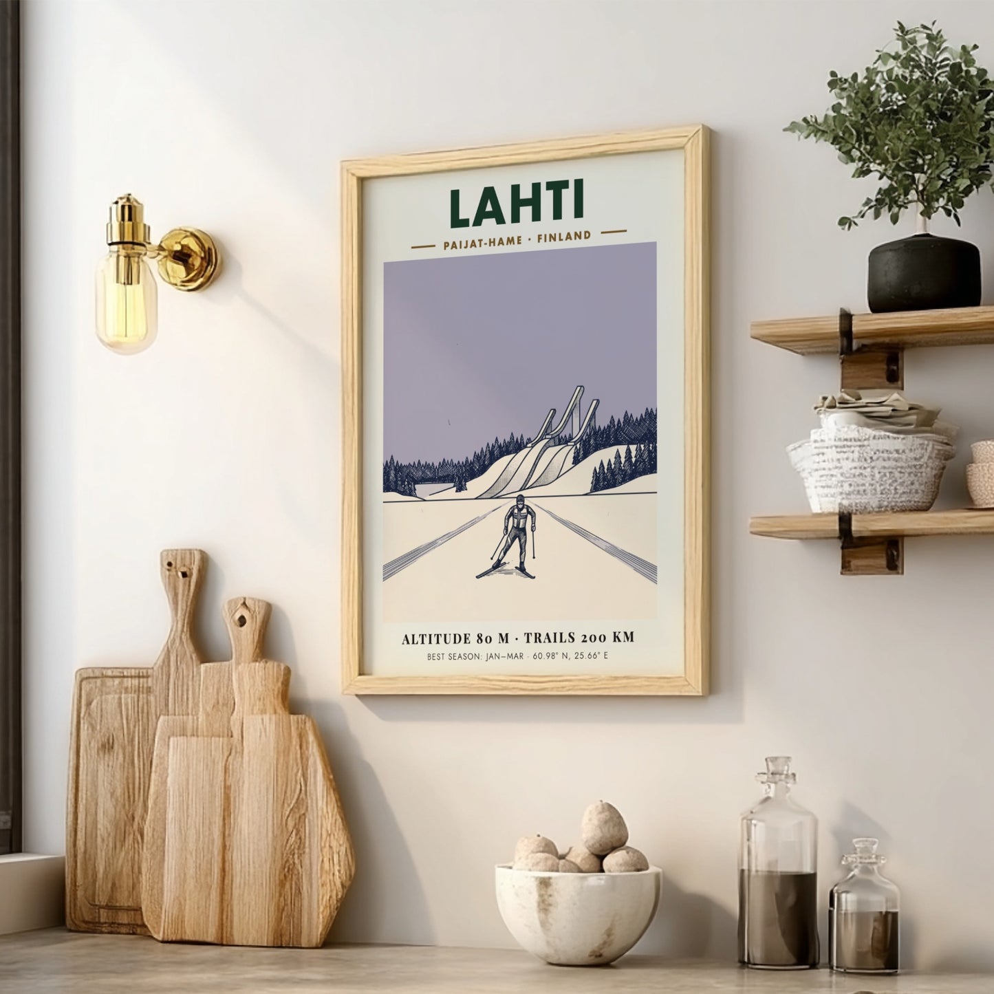 Poster featuring a cross-country skier in Lahti Finland with ski jumps and snow.