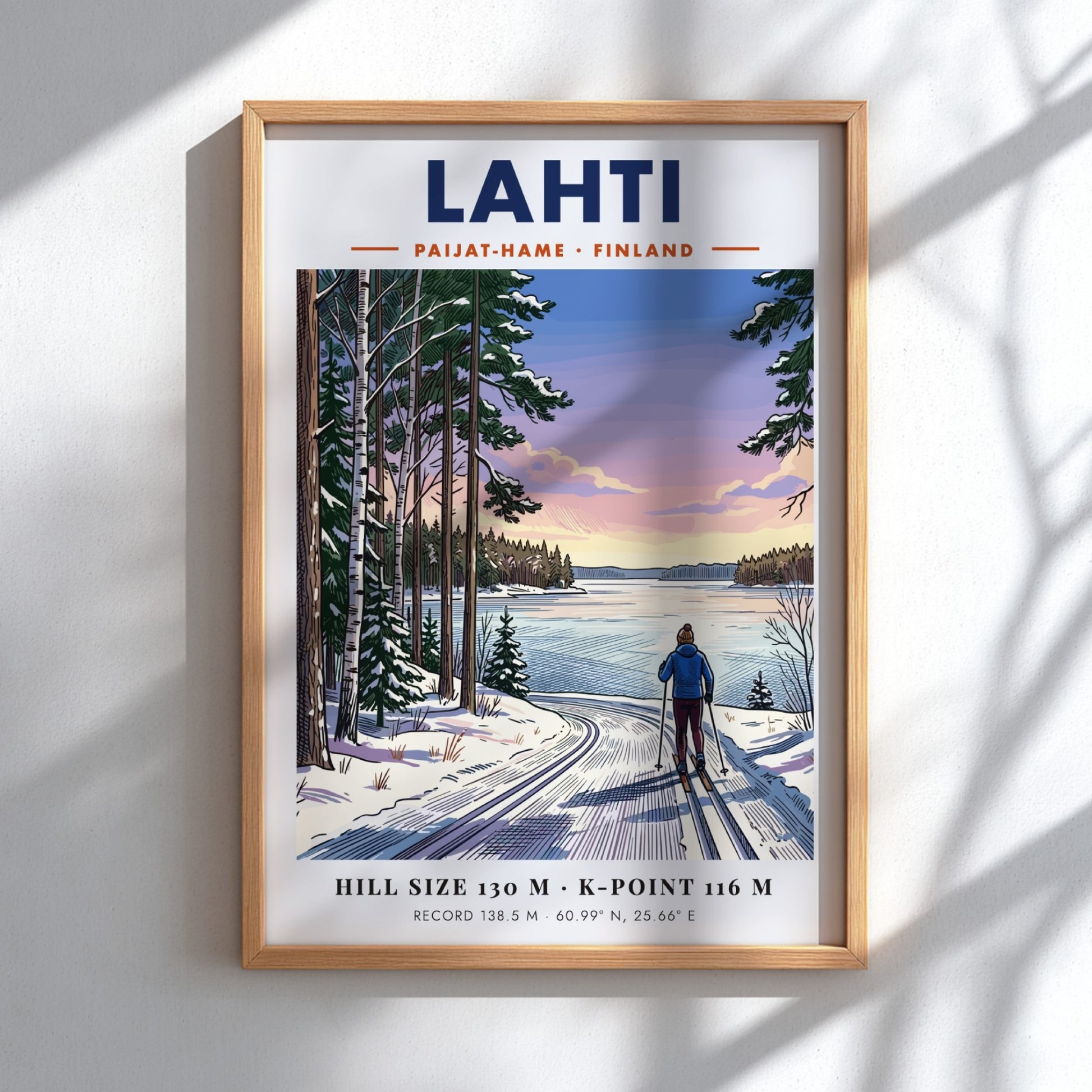 Lahti Finland travel poster featuring a cross-country skier on a snowy lake path