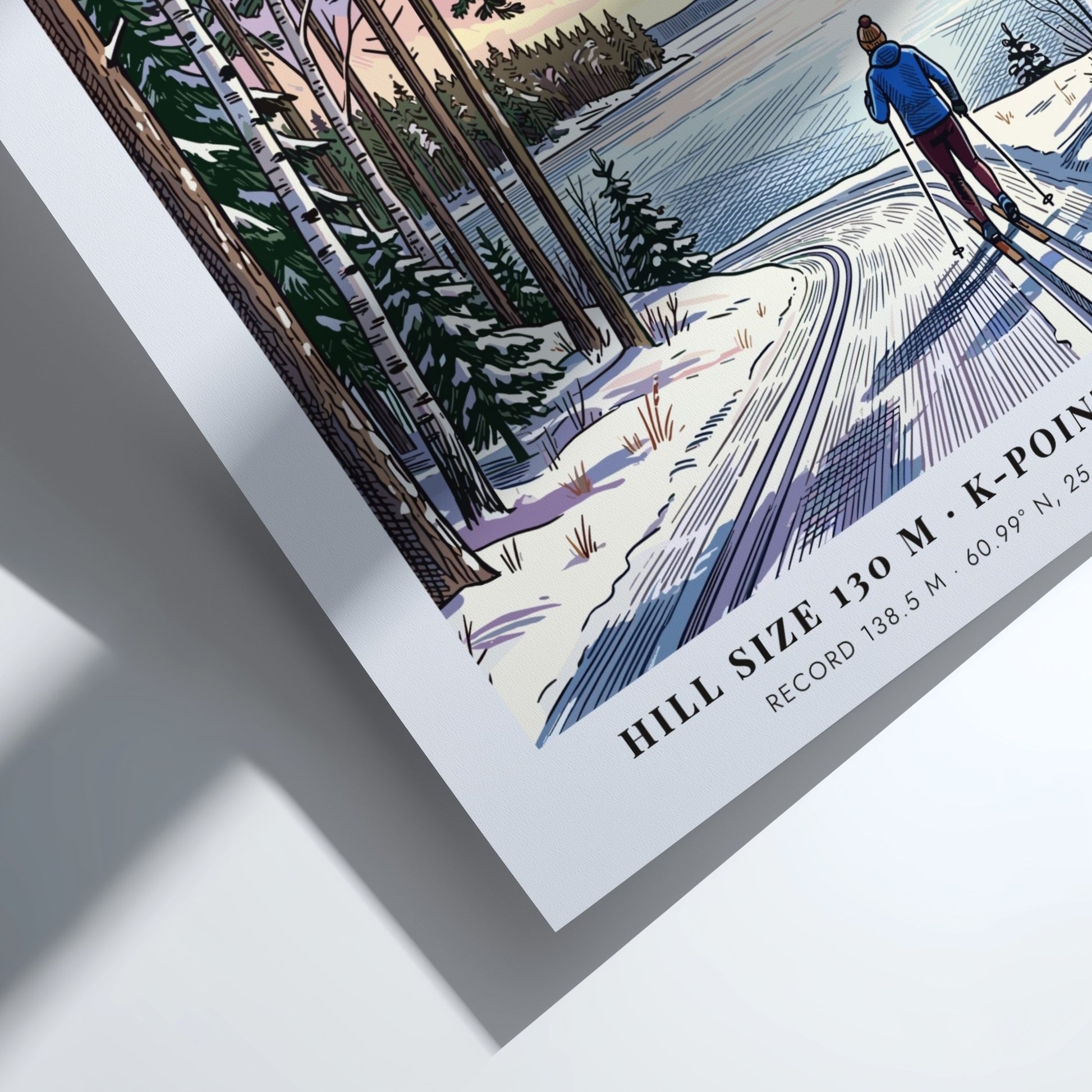 Lahti Finland travel poster featuring a cross-country skier on a snowy lake path