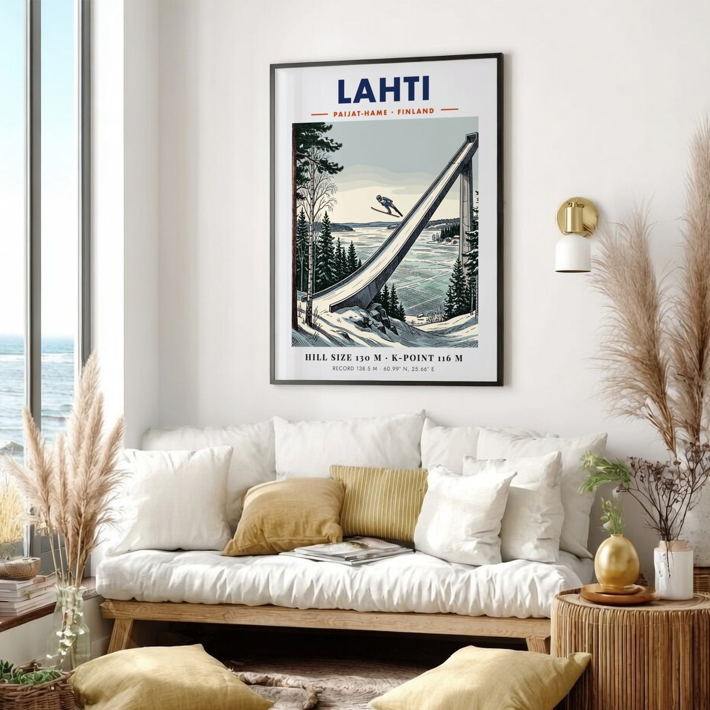 Poster of a ski jumper in flight above the Lahti jump in Finland