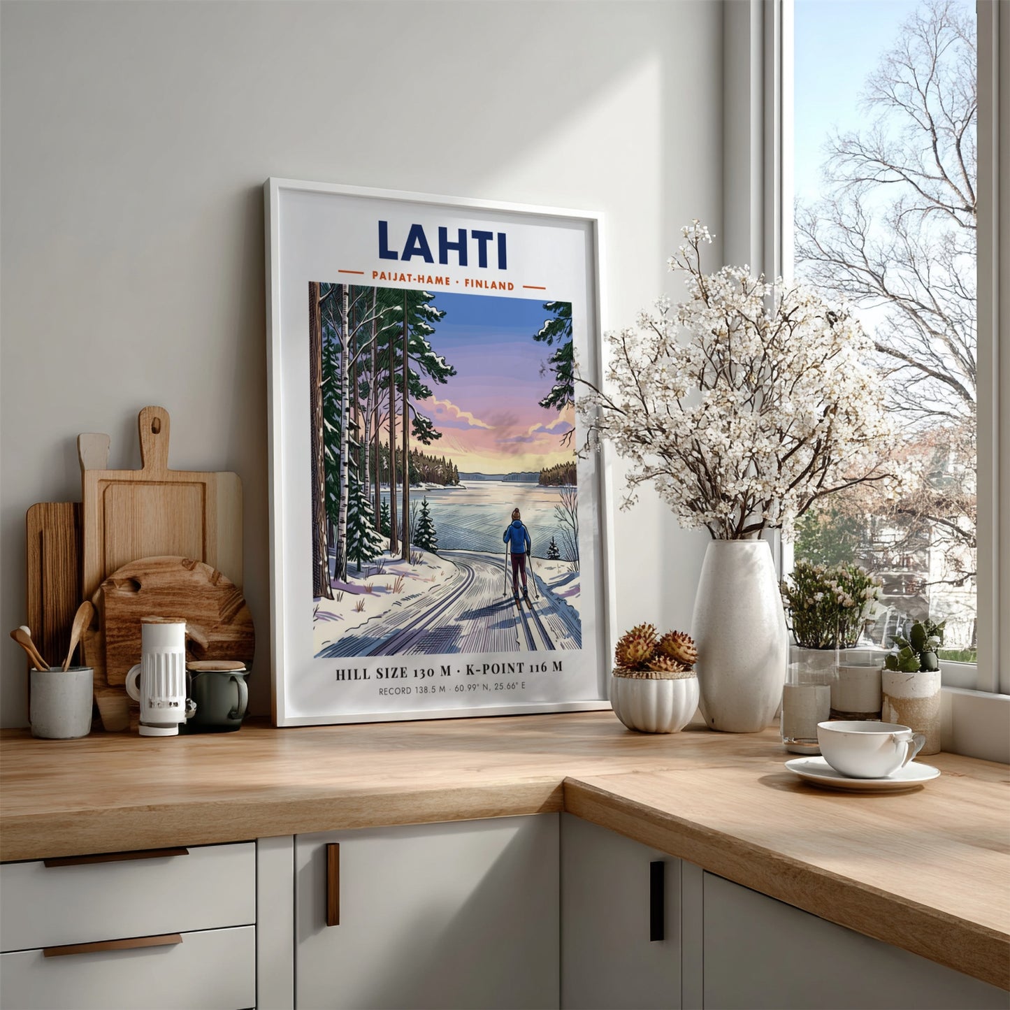 Lahti Finland travel poster featuring a cross-country skier on a snowy lake path