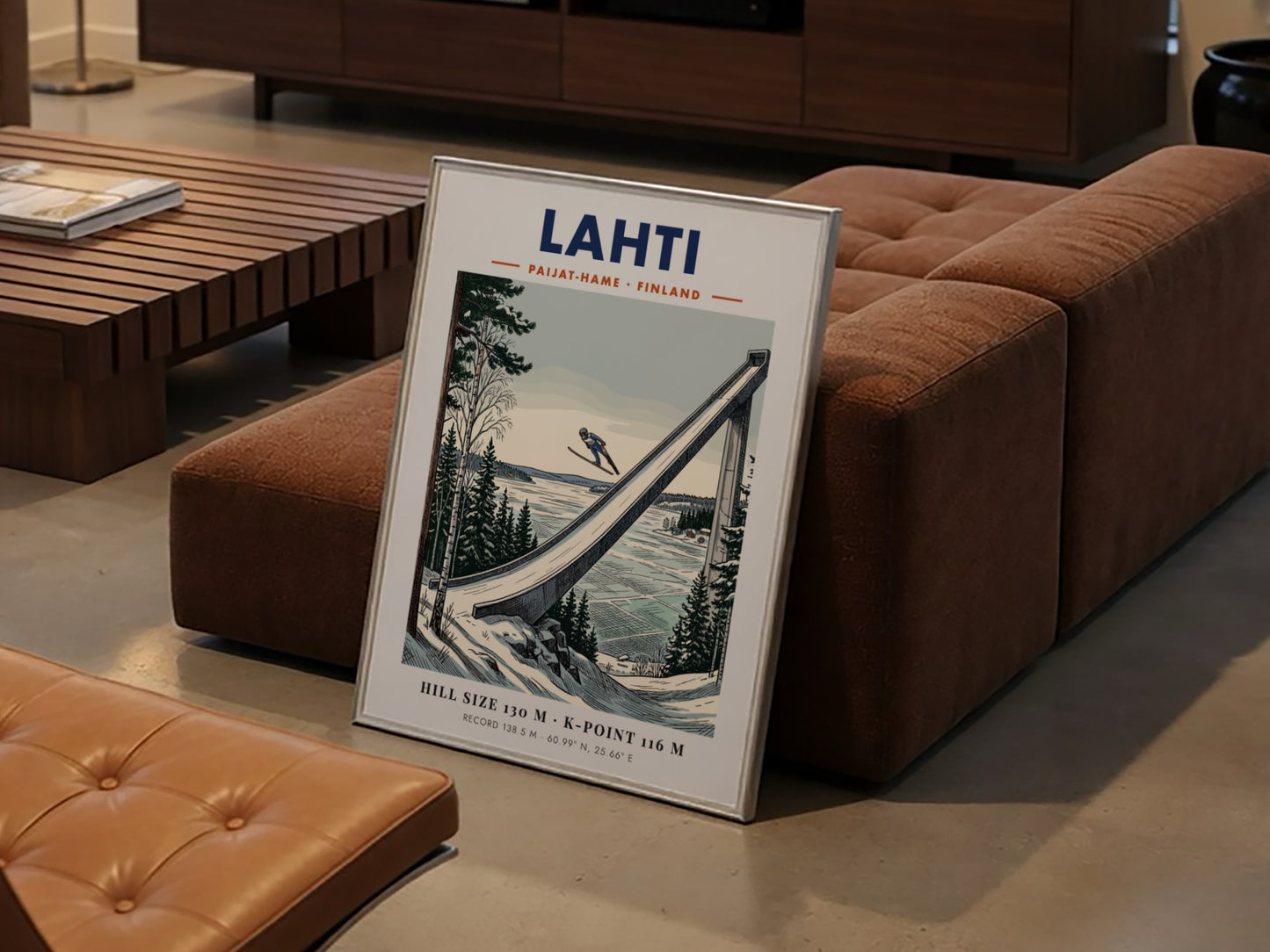 Poster of a ski jumper in flight above the Lahti jump in Finland