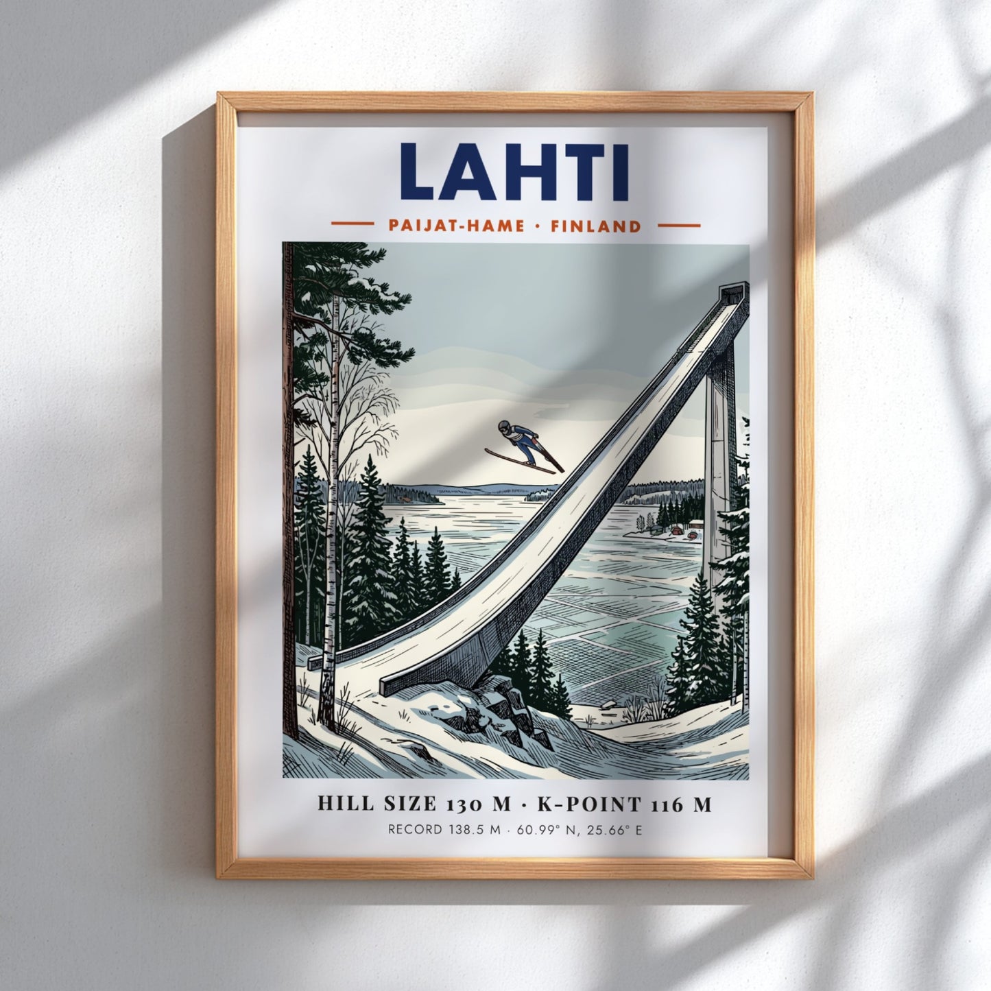 Poster of a ski jumper in flight above the Lahti jump in Finland