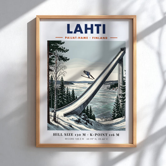 Poster of a ski jumper in flight above the Lahti jump in Finland