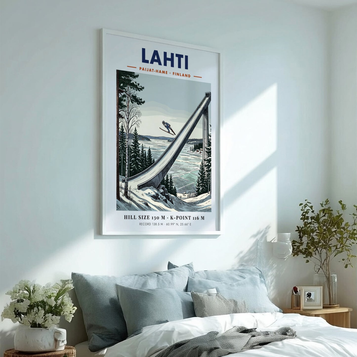 Poster of a ski jumper in flight above the Lahti jump in Finland