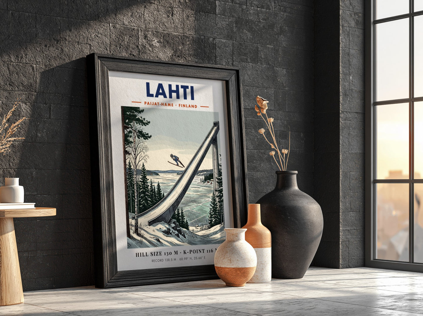 Poster of a ski jumper in flight above the Lahti jump in Finland