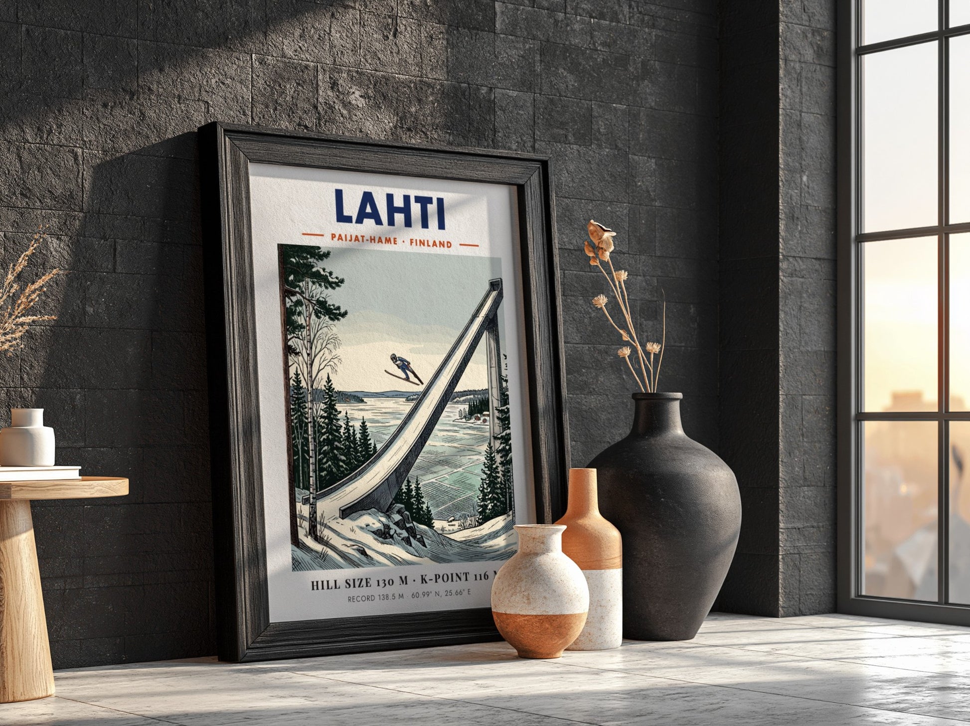 Poster of a ski jumper in flight above the Lahti jump in Finland