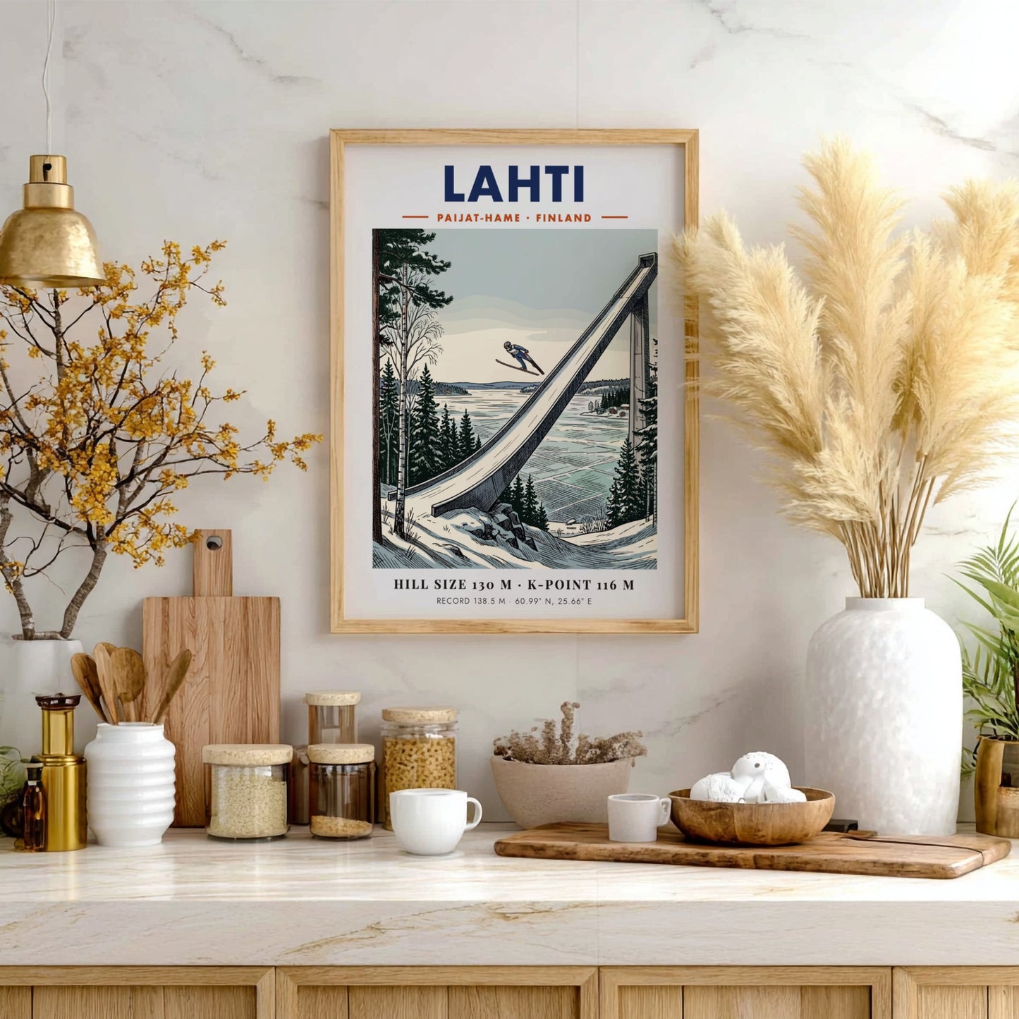 Poster of a ski jumper in flight above the Lahti jump in Finland