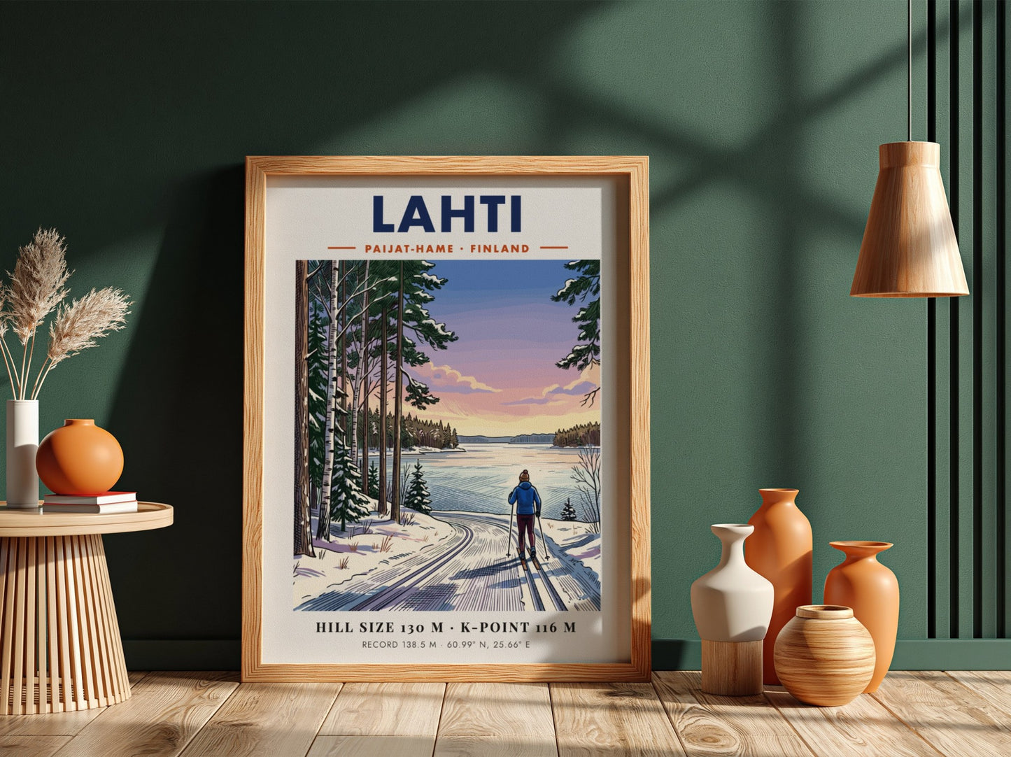Lahti Finland travel poster featuring a cross-country skier on a snowy lake path