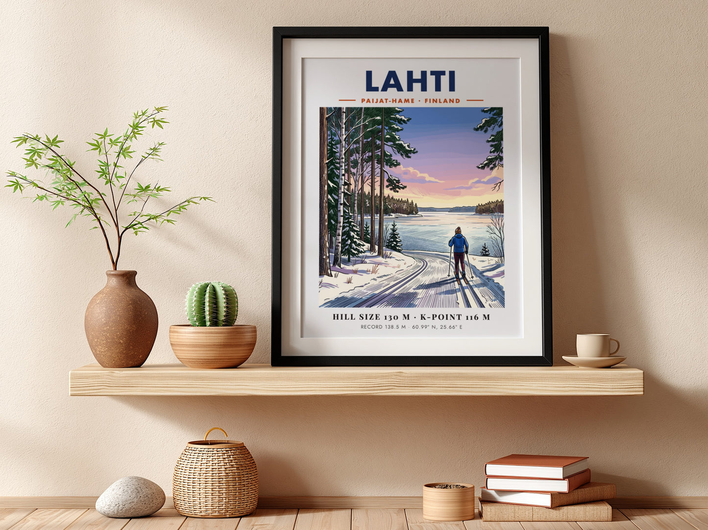 Lahti Finland travel poster featuring a cross-country skier on a snowy lake path