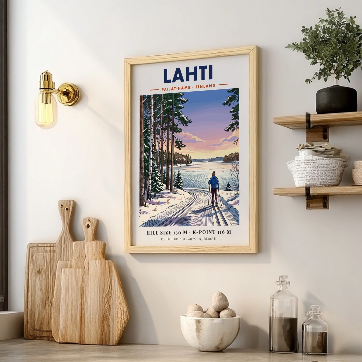 Lahti Finland travel poster featuring a cross-country skier on a snowy lake path