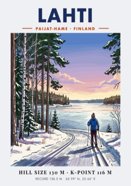 Lahti Finland travel poster featuring a cross-country skier on a snowy lake path