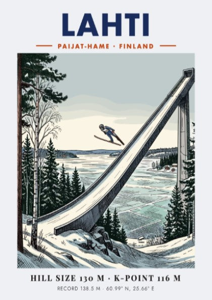 Poster of a ski jumper in flight above the Lahti jump in Finland