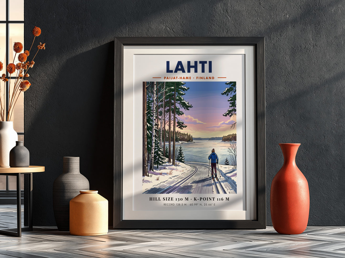Lahti Finland travel poster featuring a cross-country skier on a snowy lake path