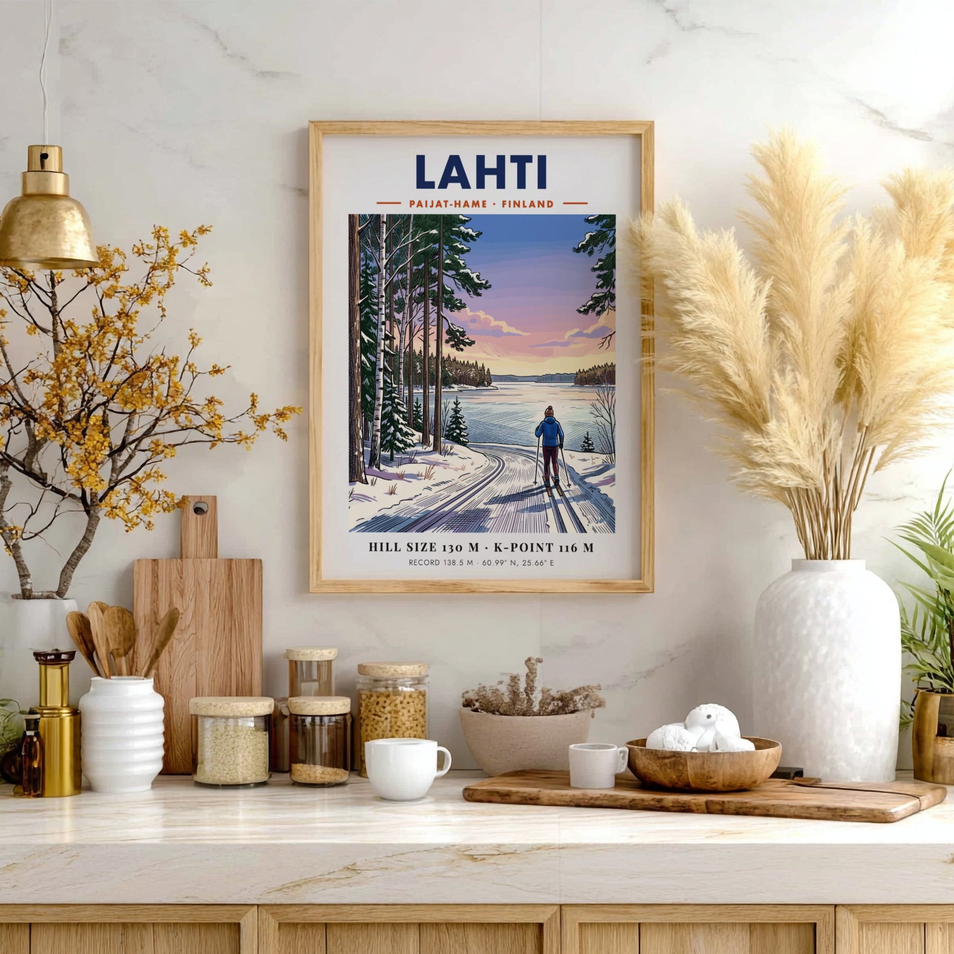 Lahti Finland travel poster featuring a cross-country skier on a snowy lake path
