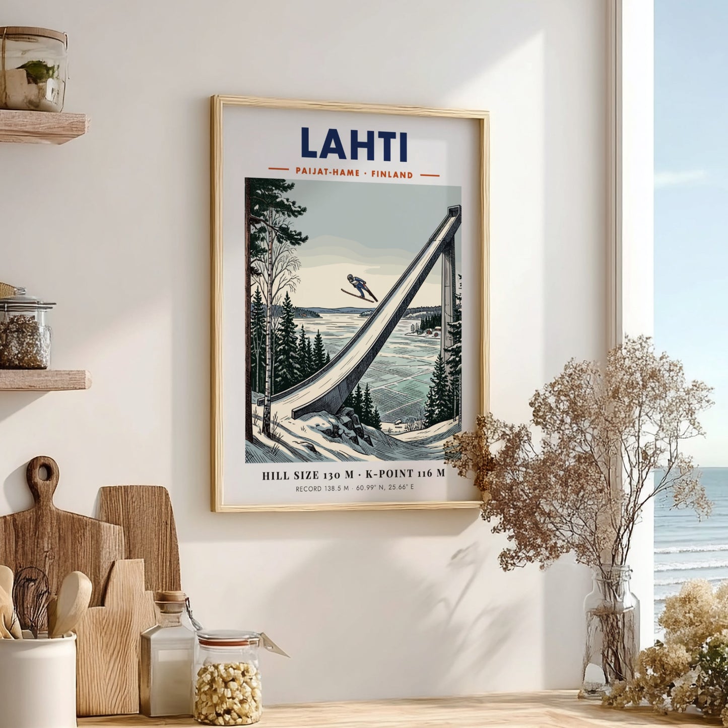 Poster of a ski jumper in flight above the Lahti jump in Finland