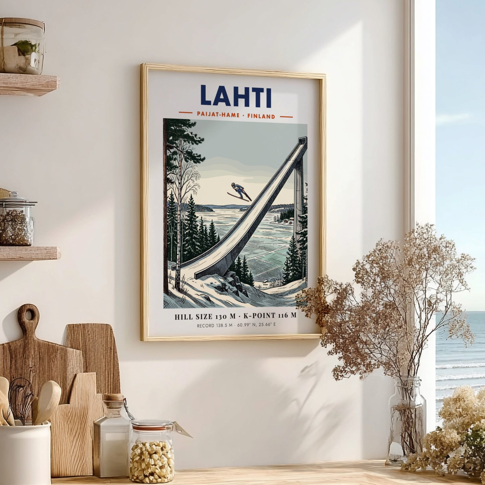 Poster of a ski jumper in flight above the Lahti jump in Finland