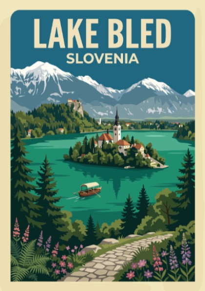 Travel poster of Lake Bled Slovenia featuring a church island and snow-capped mountains