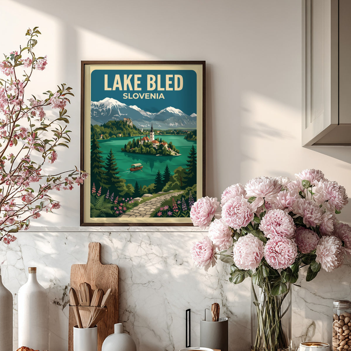 Travel poster of Lake Bled Slovenia featuring a church island and snow-capped mountains