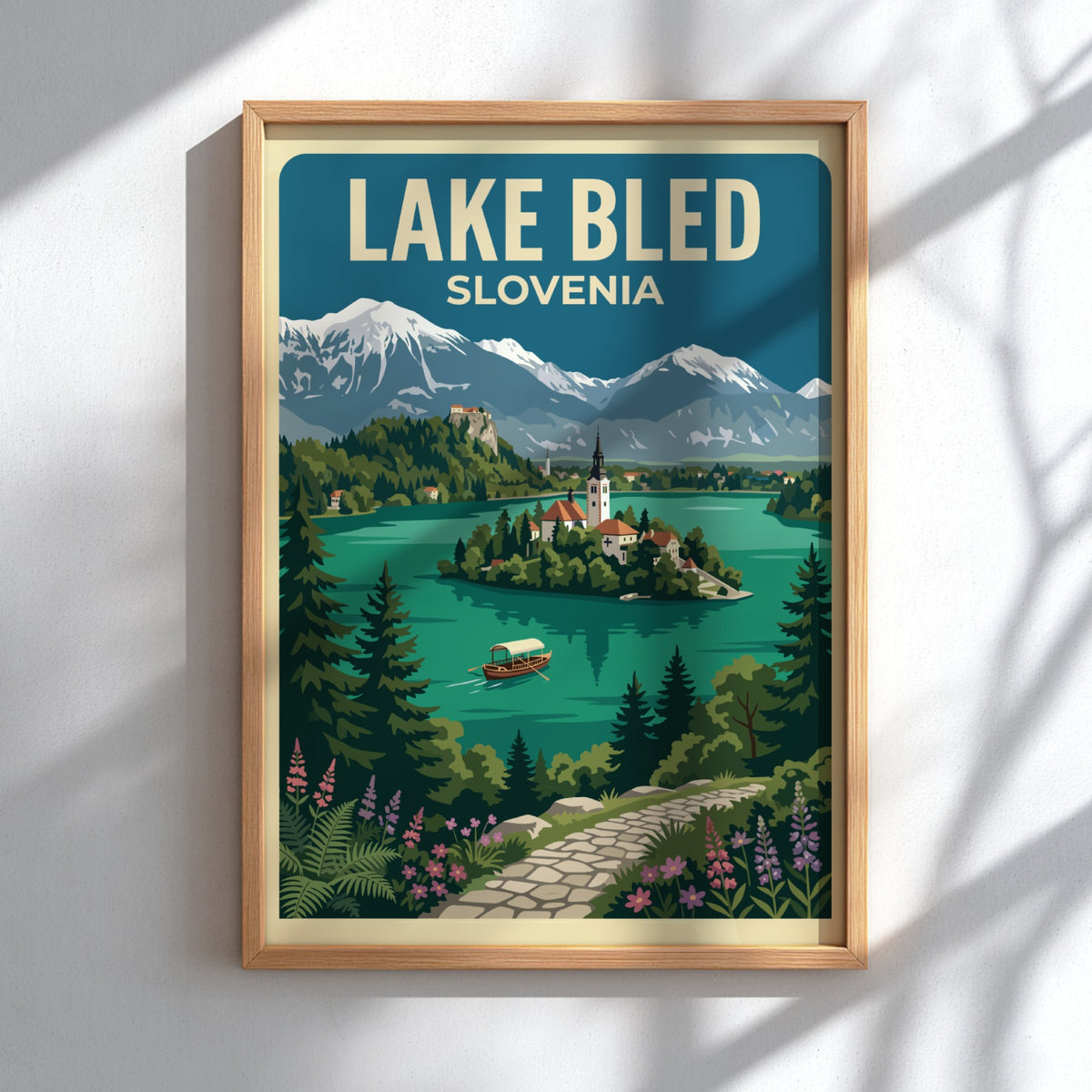 Travel poster of Lake Bled Slovenia featuring a church island and snow-capped mountains