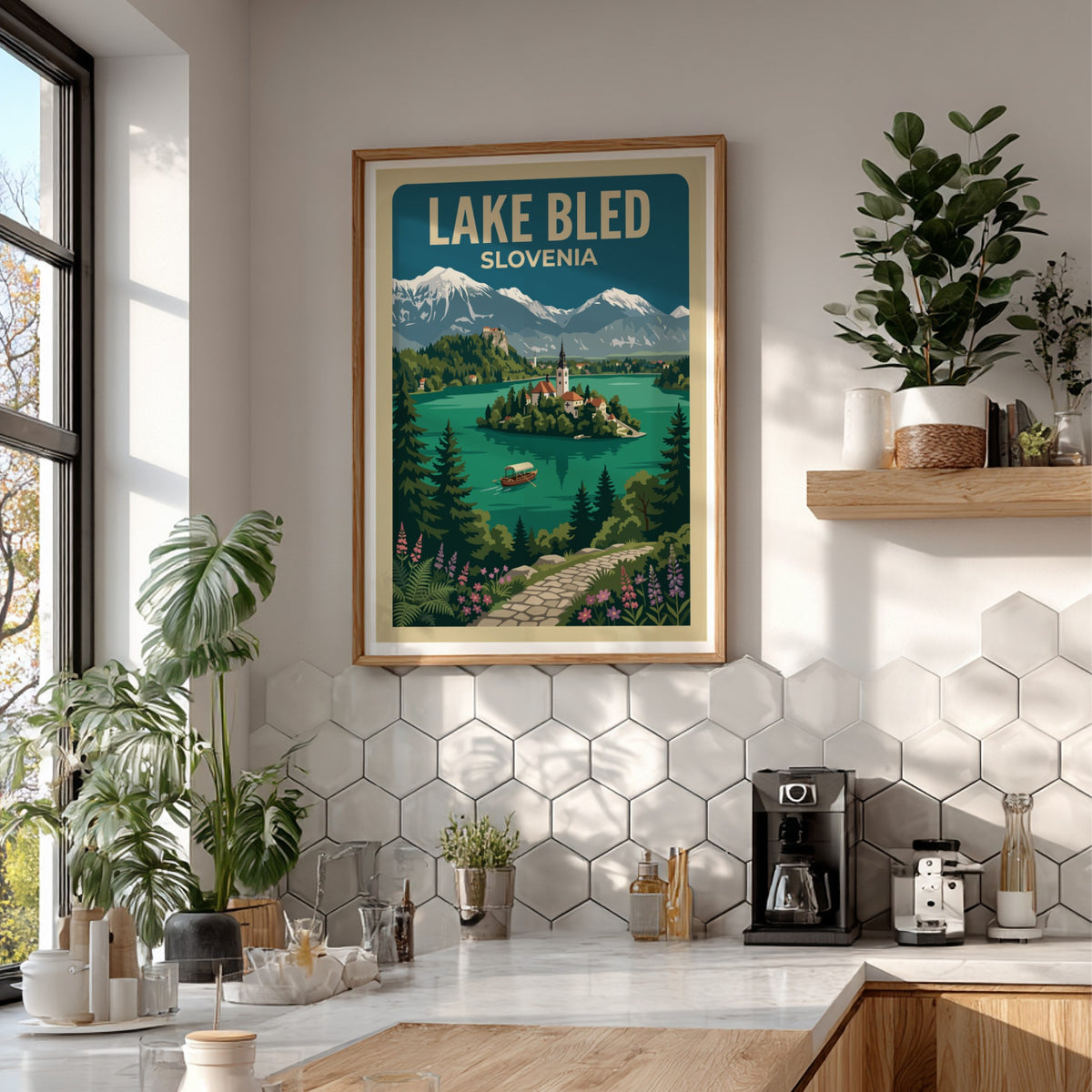 Travel poster of Lake Bled Slovenia featuring a church island and snow-capped mountains