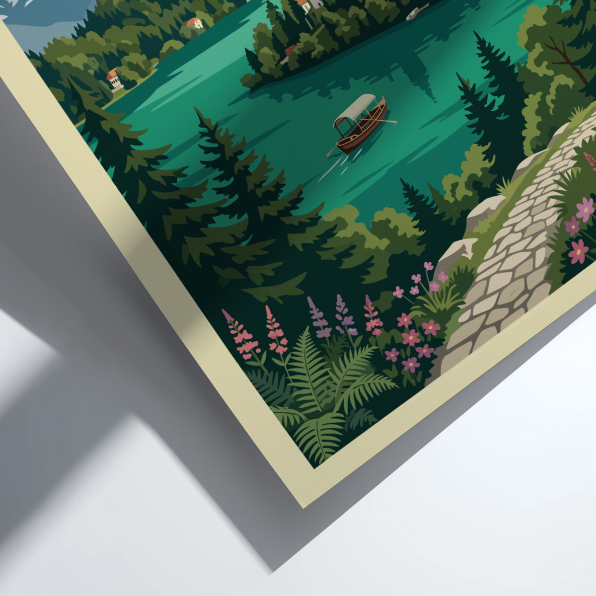 Travel poster of Lake Bled Slovenia featuring a church island and snow-capped mountains
