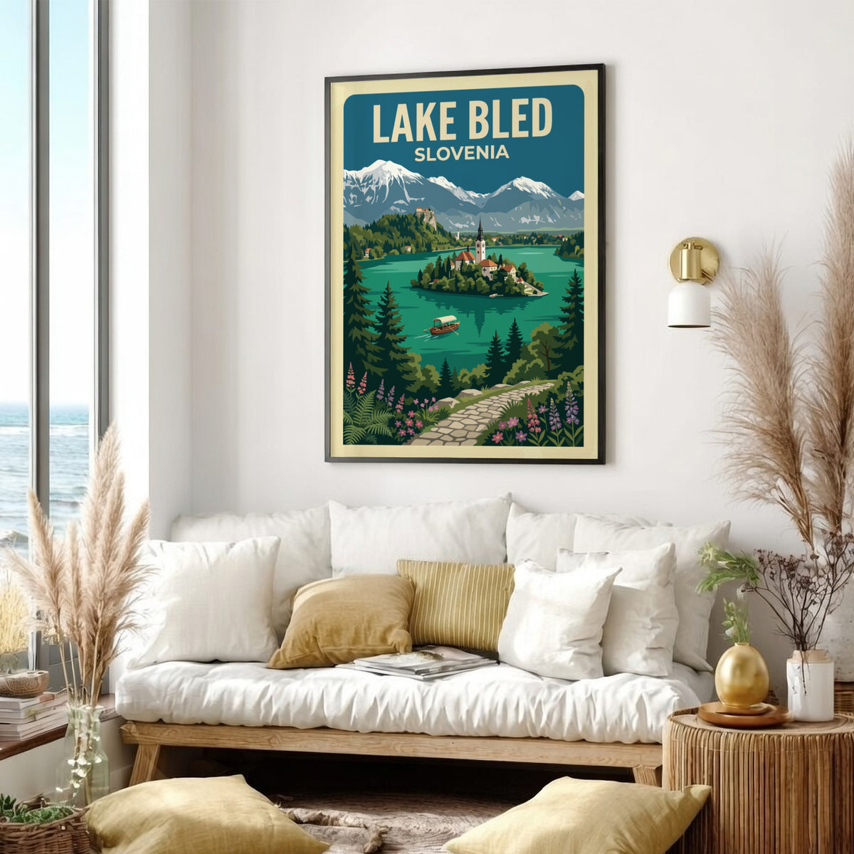 Travel poster of Lake Bled Slovenia featuring a church island and snow-capped mountains