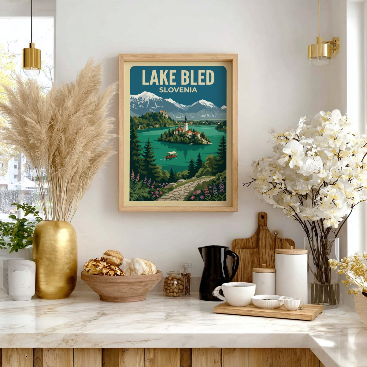 Travel poster of Lake Bled Slovenia featuring a church island and snow-capped mountains