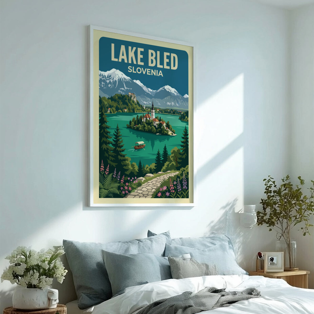 Travel poster of Lake Bled Slovenia featuring a church island and snow-capped mountains